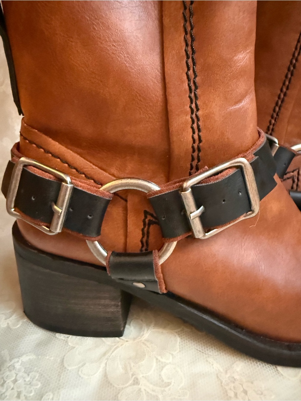 SOLD BEAST FASHION Tan/Brown Faux Cognac Leather with Moto Straps Western NWOT - Picture 10 of 11